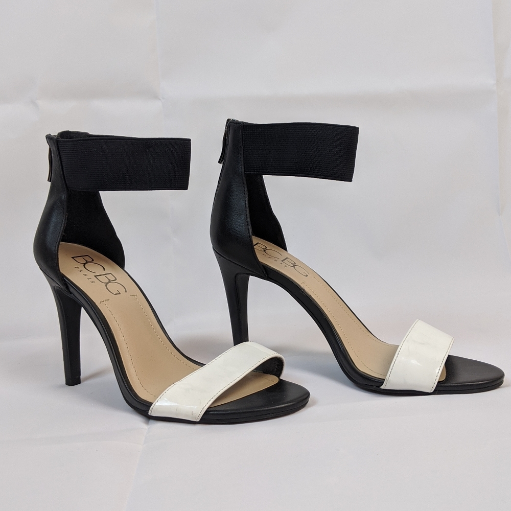 BCBG Black & White Ankle Strap Stiletto Sandals